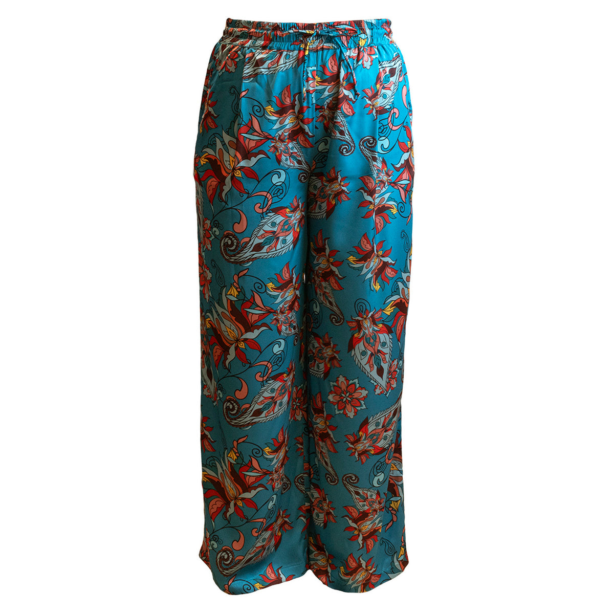 Blue Floral Paisley Print Satin Wide Legged Oversized Trousers