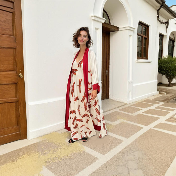 Red Dragonflies White with Burgundy Cuff and Hem Detailed Satin Abaya Kaftan