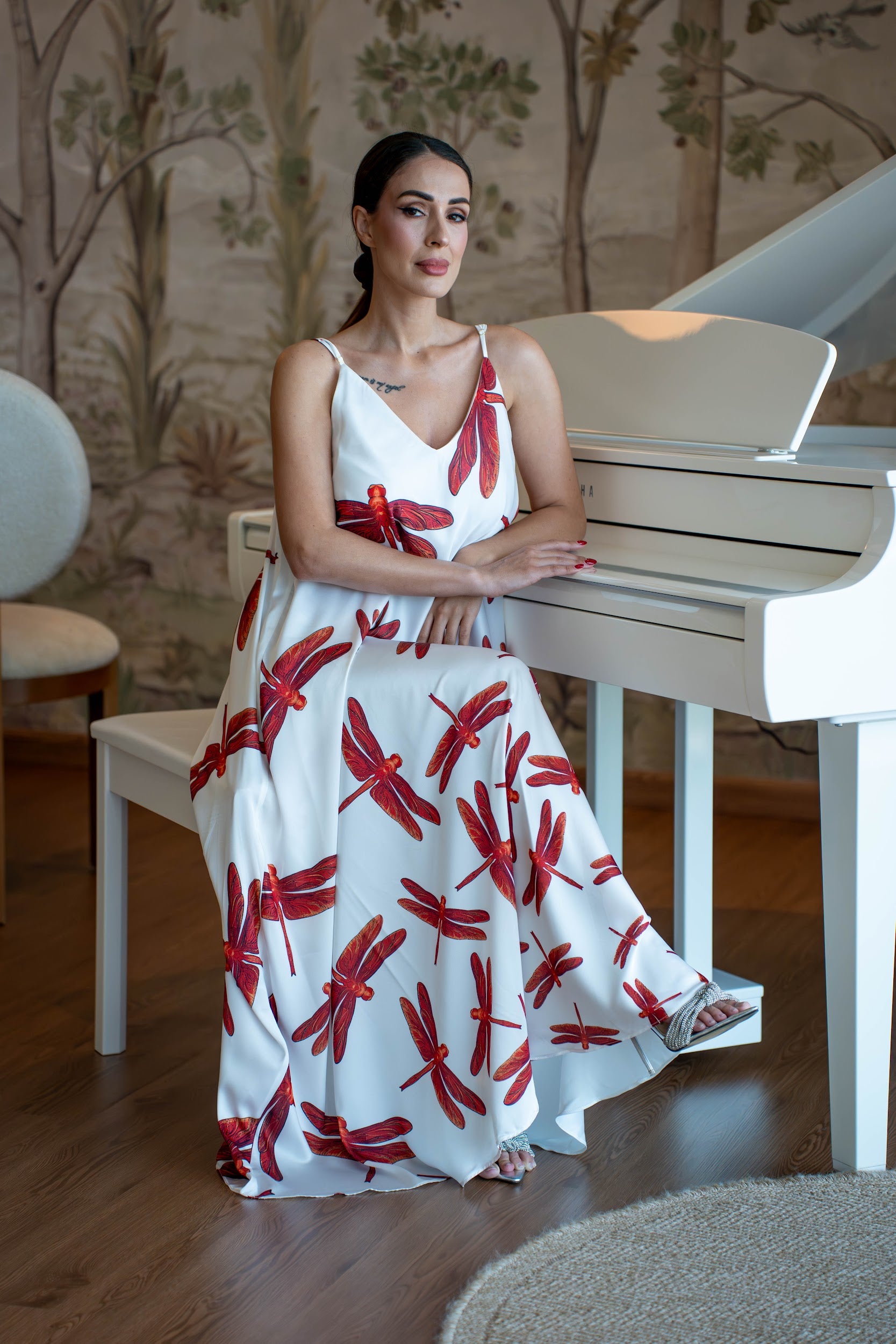 White Satin Maxi Slip Dress with Red Dragonfly Print – JANARA JONES
