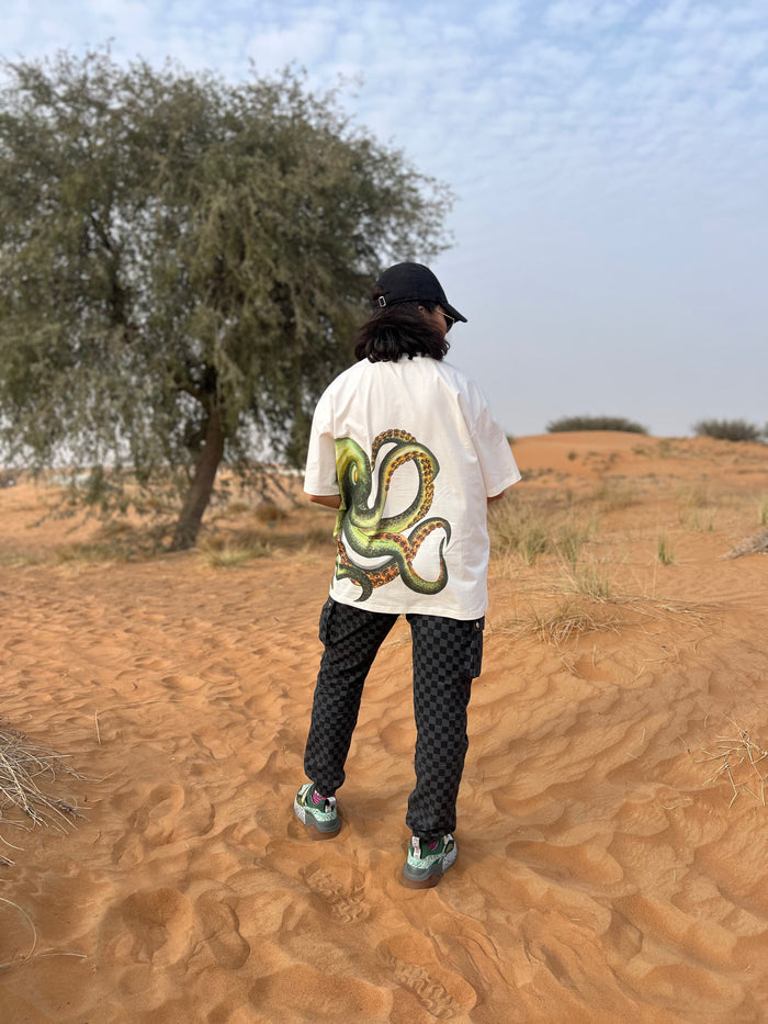 Octopus Print Oversized Unisex Off White T-shirt