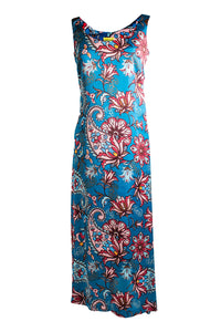 Blue Floral Paisley Satin Irene Dress