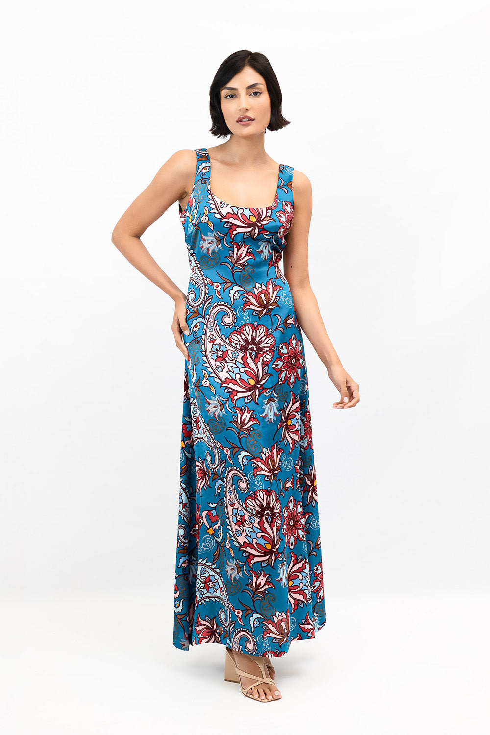 Blue Floral Paisley Satin Irene Dress