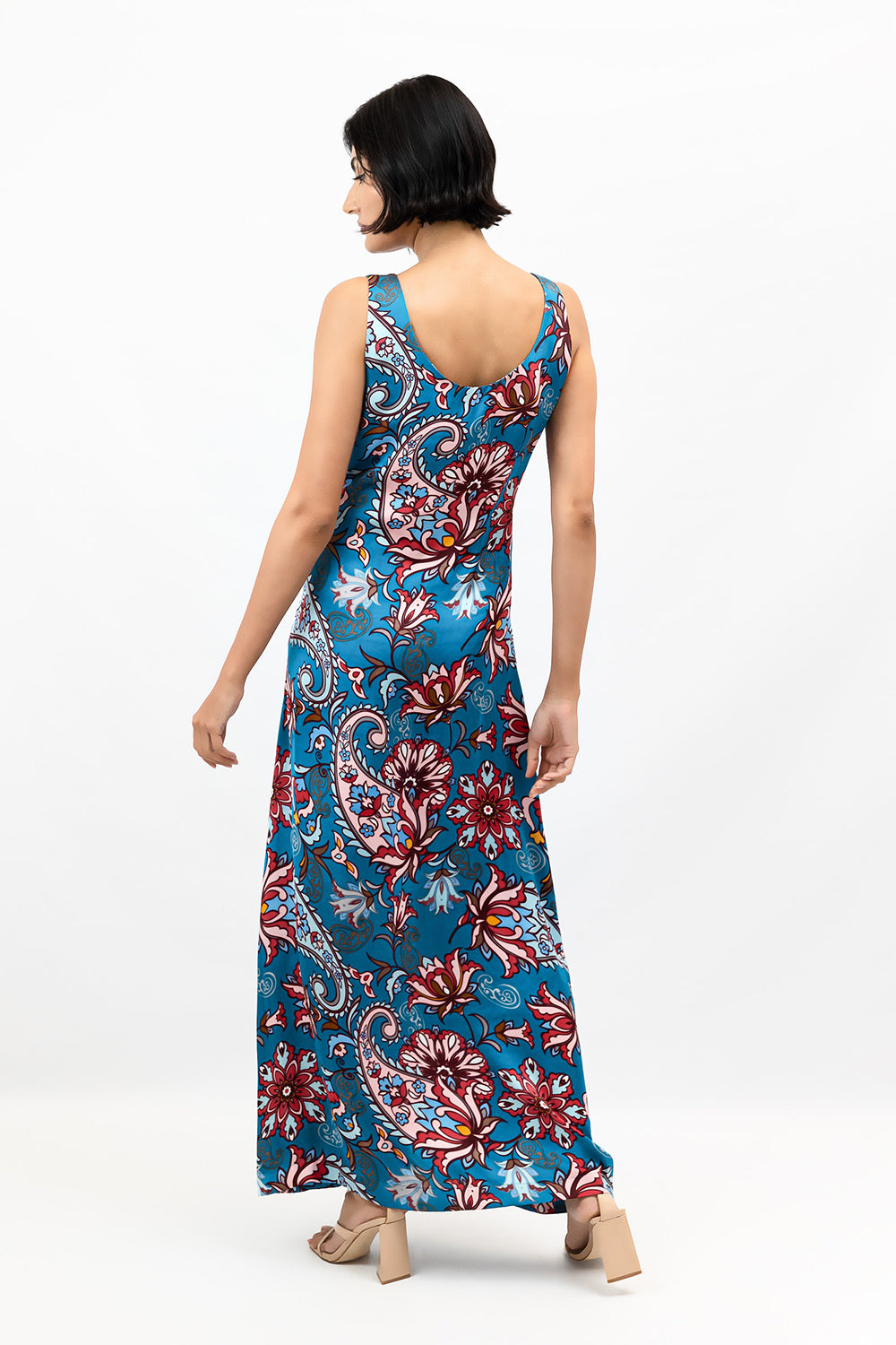 Blue Floral Paisley Satin Irene Dress