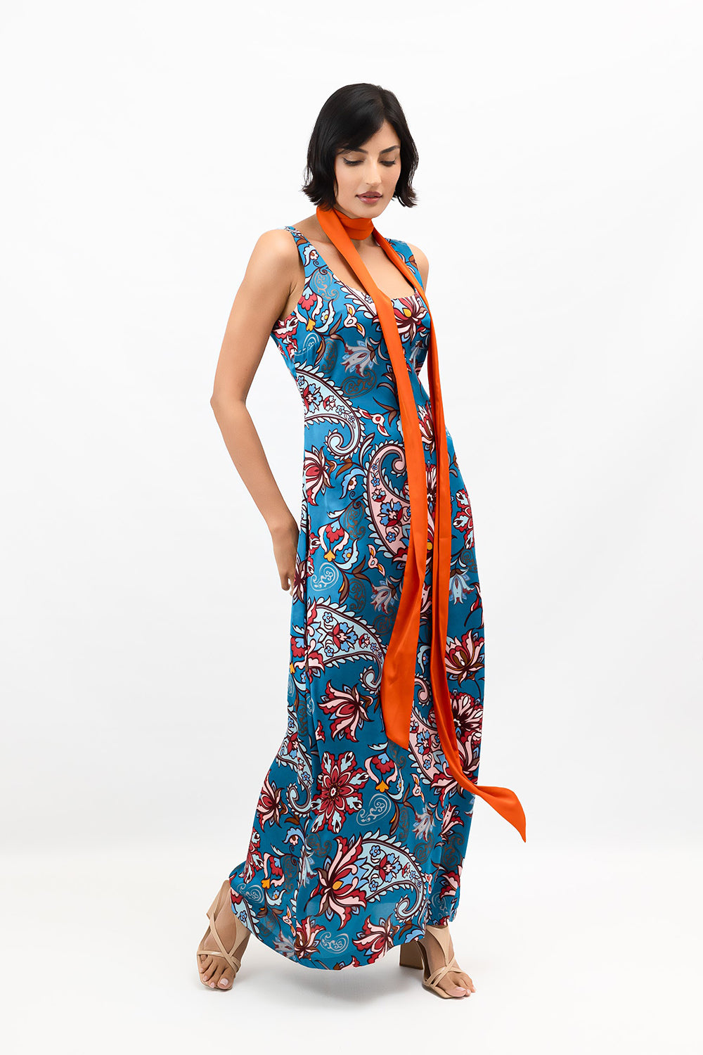 Blue Floral Paisley Print Satin Scoop-Neck Maxi Dress