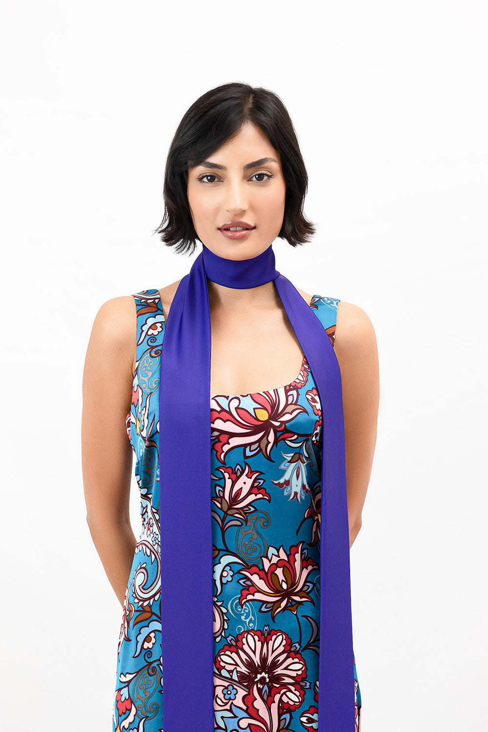 Blue Floral Paisley Print Satin Scoop-Neck Maxi Dress