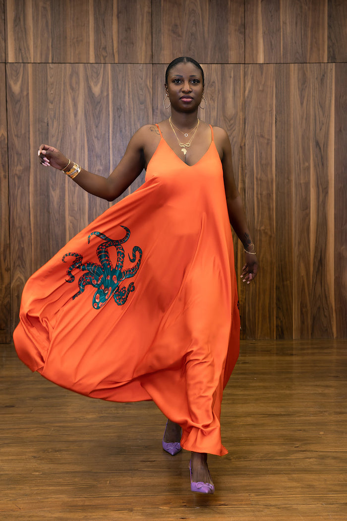 Fire Orange Octopus Satin Mariella Dress