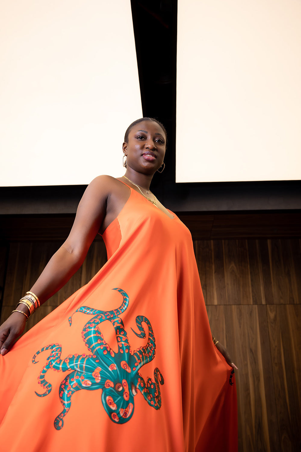 Fire Orange Octopus Satin Mariella Dress