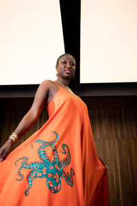 Fire Orange Octopus Satin Mariella Dress