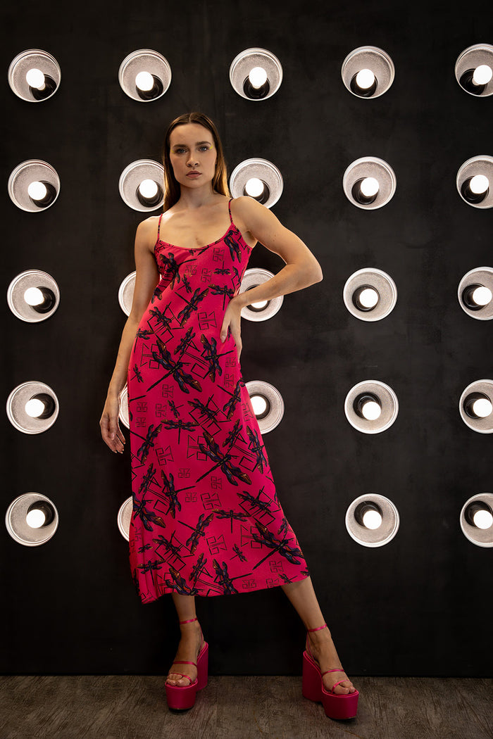 Pink Dragonfly Satin Mariella Dress