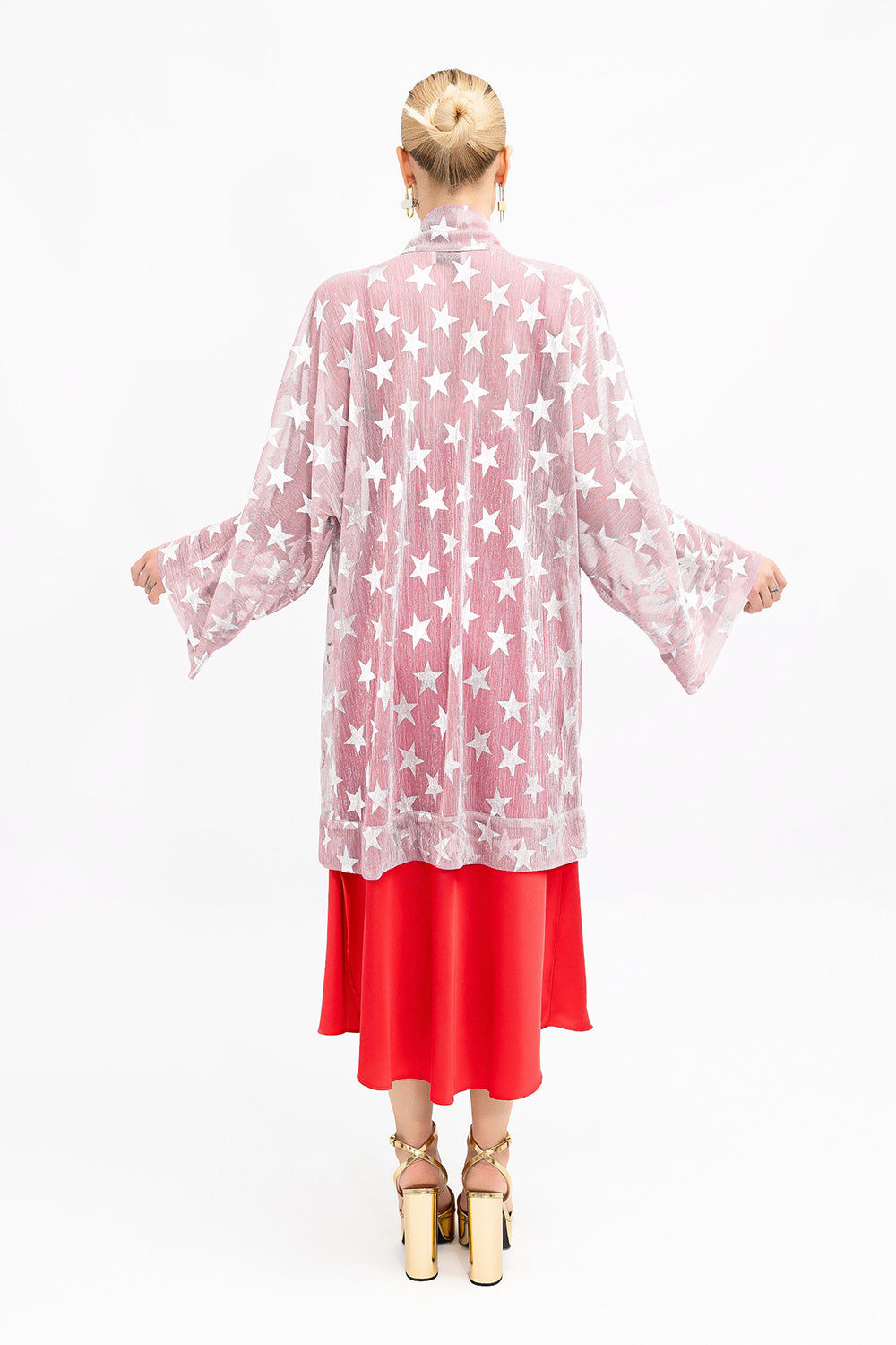 Pink Shimmering Mesh Silver Stars Kimono