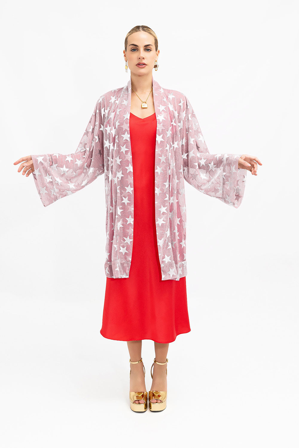 Pink Shimmering Mesh Silver Stars Kimono