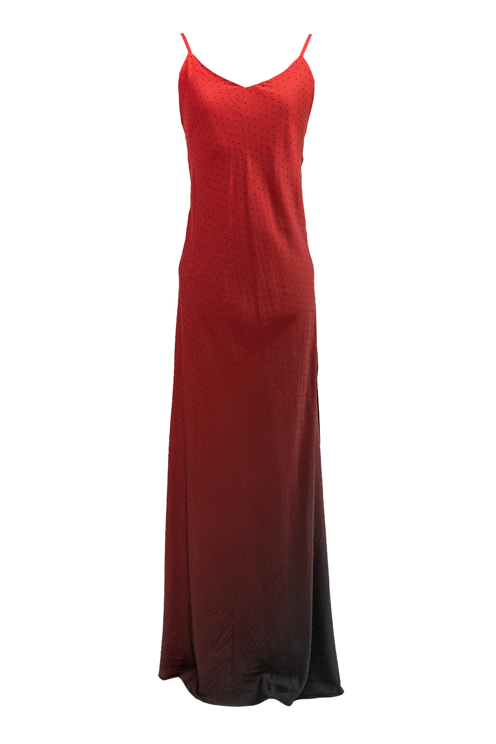 Red Ombre Rhinestones Satin Cami-Slip U-Neck Maxi Dress