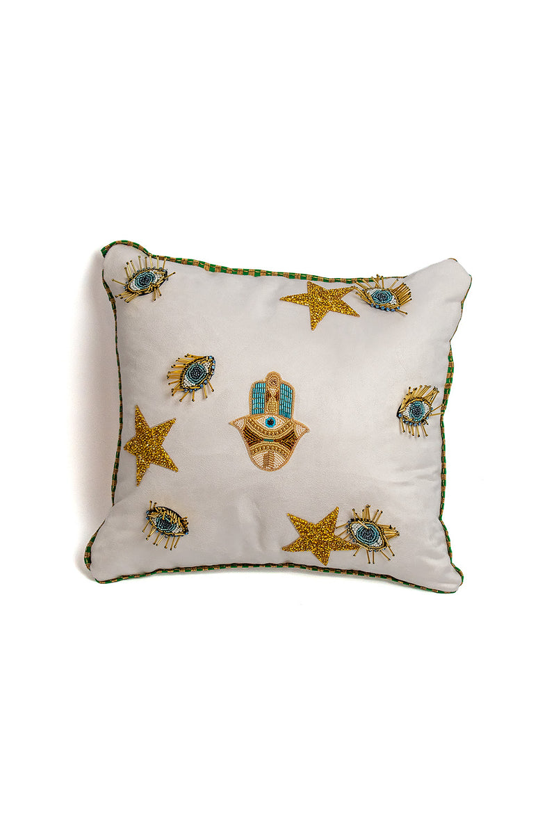 White Suede Ramadan Decorative Cushion With Hamsa And Gold Beaded Evil Eye And Gold Stars