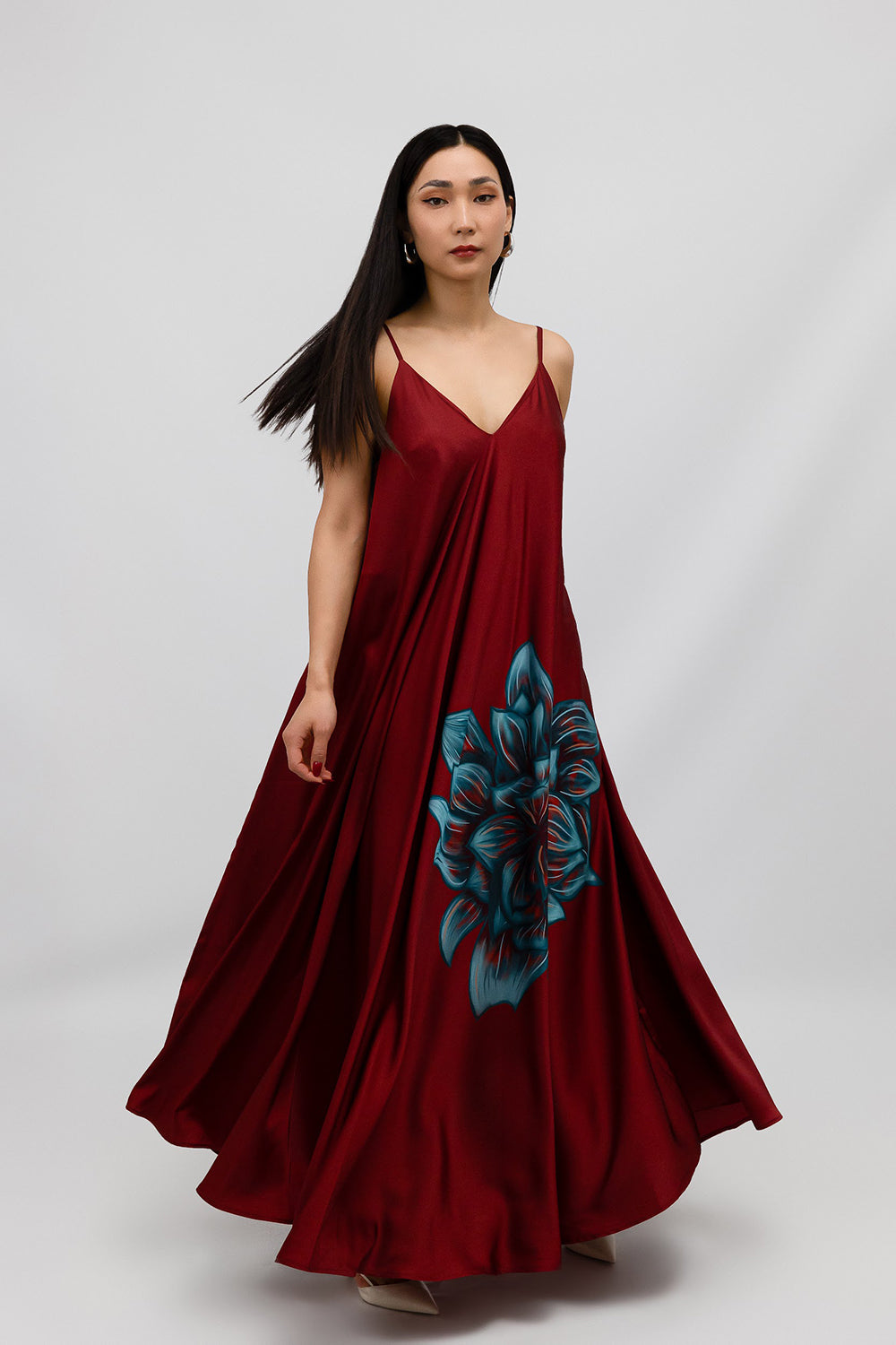 Wine Blue Rose Print Satin V-Neck Bias-Cut Maxi Dress