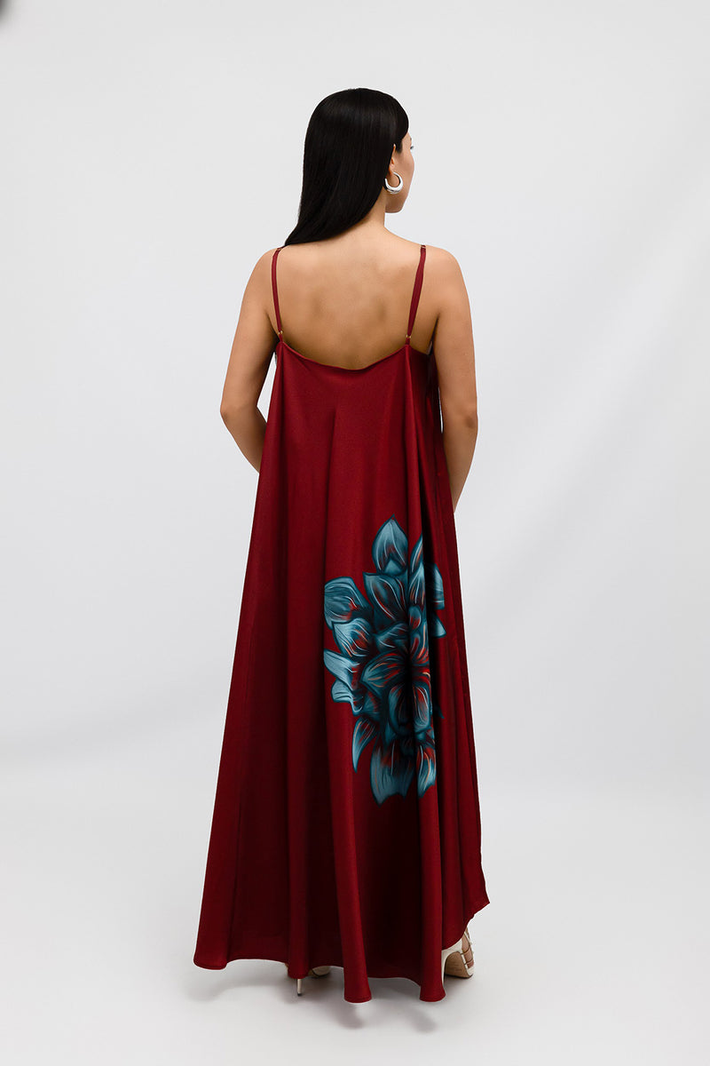 Wine Blue Rose Print Satin V-Neck Bias-Cut Maxi Dress