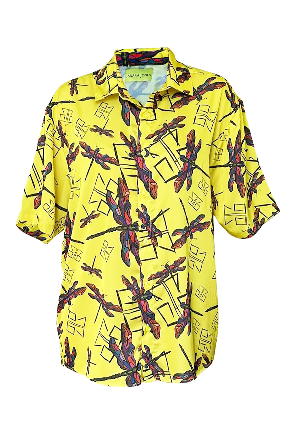Yellow Dragonfly Print Satin Short-Sleeve Unisex Shirt
