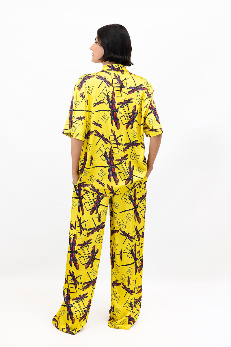 Yellow Dragonfly Print Satin Short-Sleeve Unisex Shirt