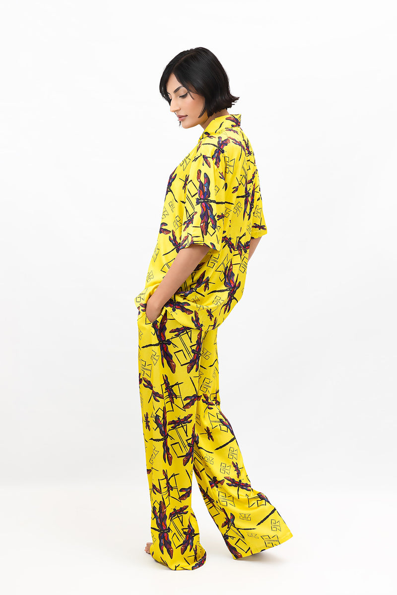 Yellow Dragonfly Print Satin Wide Legged Trousers