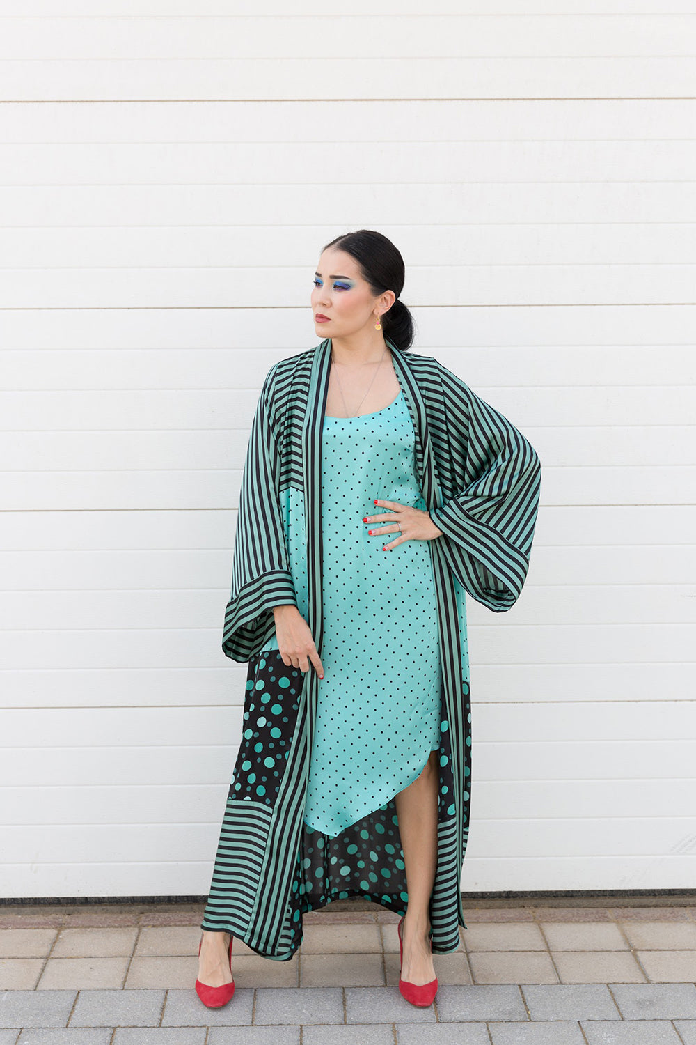Aquamarine Polka Dot Satin Midi Dress  JANARA JONES