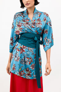 Double-Sided Denim Snakes Print Teal Satin Belt
