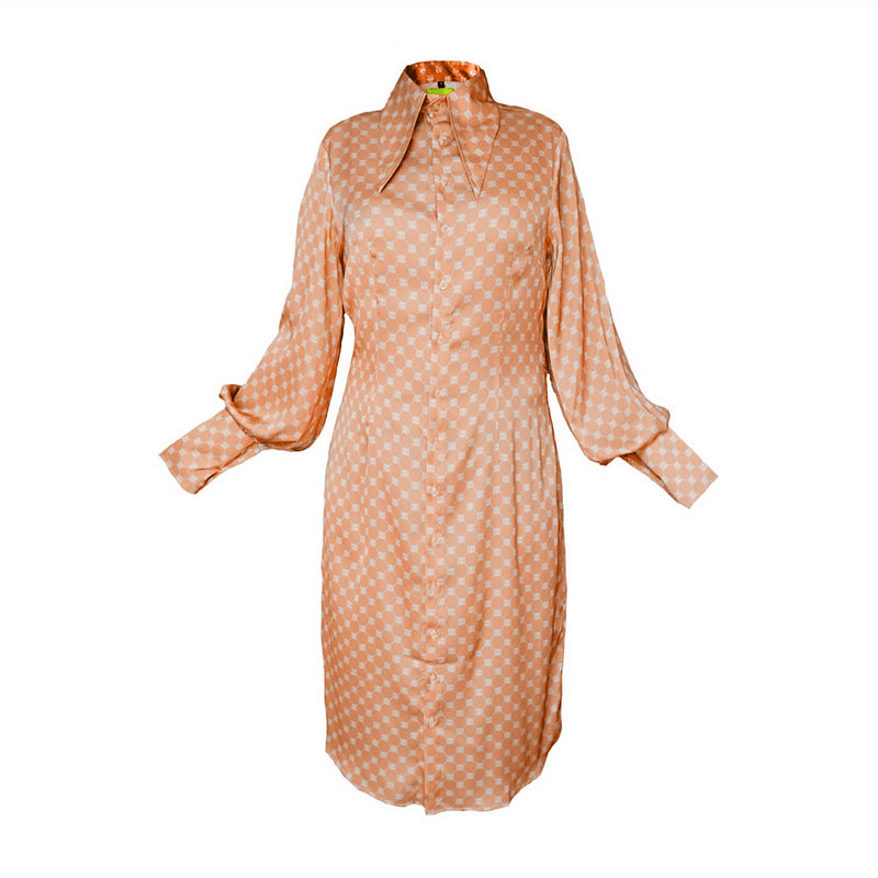 Apricot Satin Long Sleeve Midi Shirt Dress With Buttons