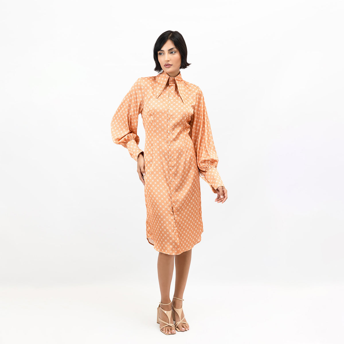 Apricot Satin Long Sleeve Midi Shirt Dress With Buttons