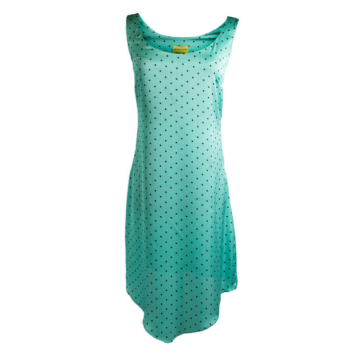 Aquamarine Polkadot Print Satin Scoop-Neck Midi Dress