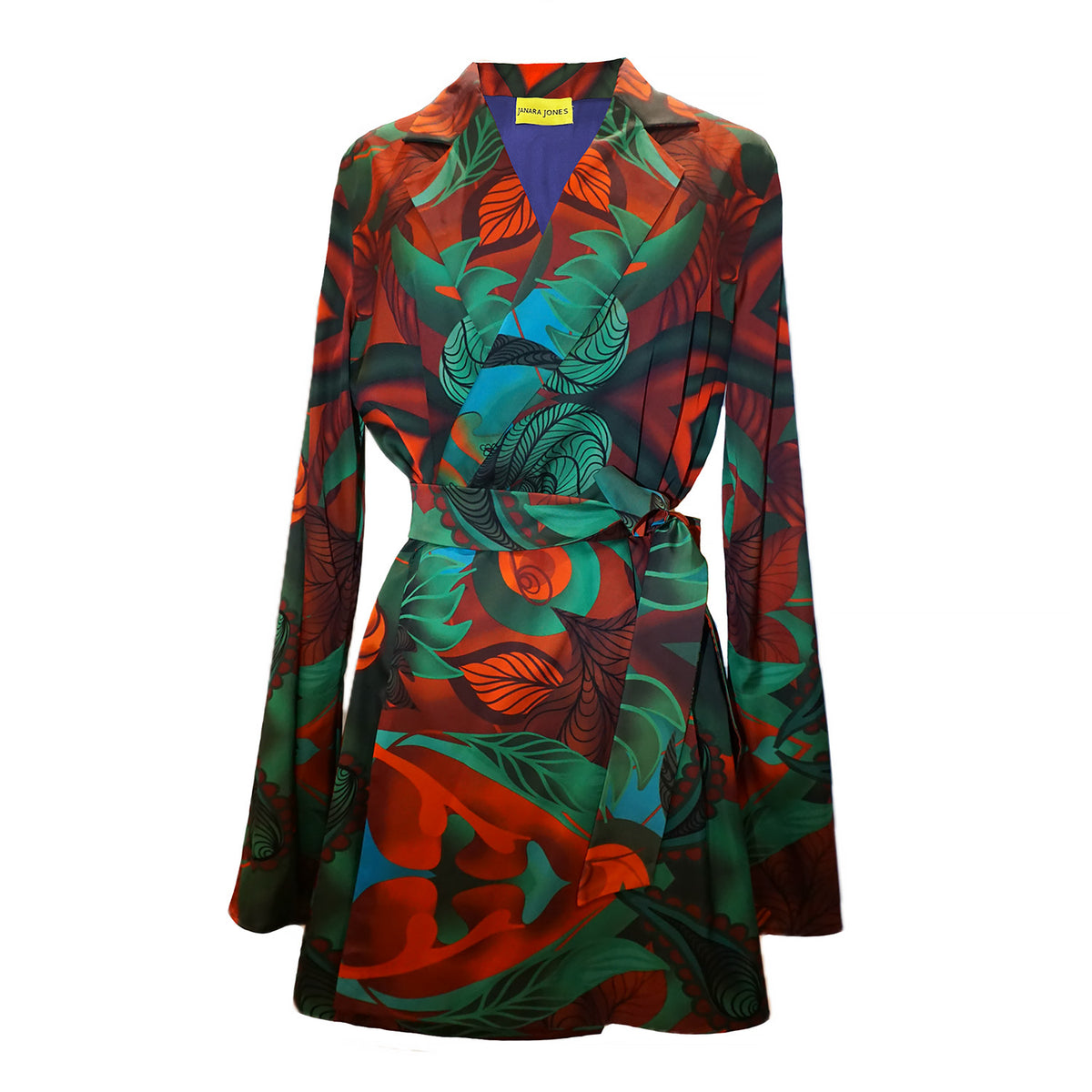 Autumn Paisley Print Satin Bell-Sleeve Mini Blazer Dress