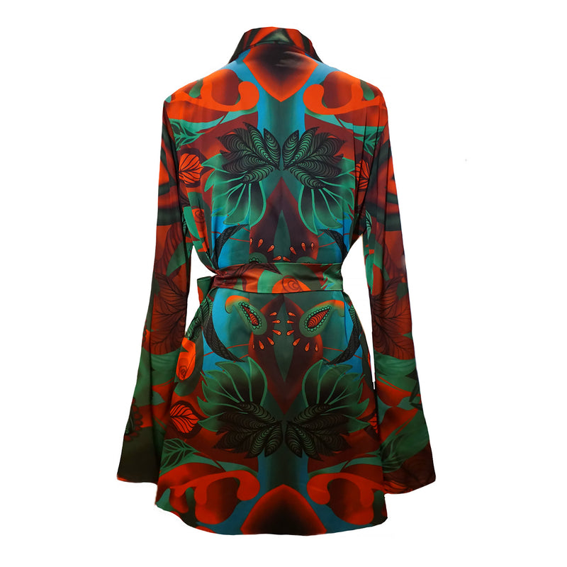 Autumn Paisley Print Satin Bell-Sleeve Mini Blazer Dress