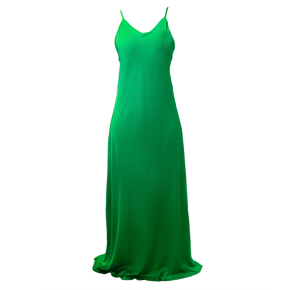 Emerald Rhinestones Satin Cami-Slip V-Neck Maxi Dress