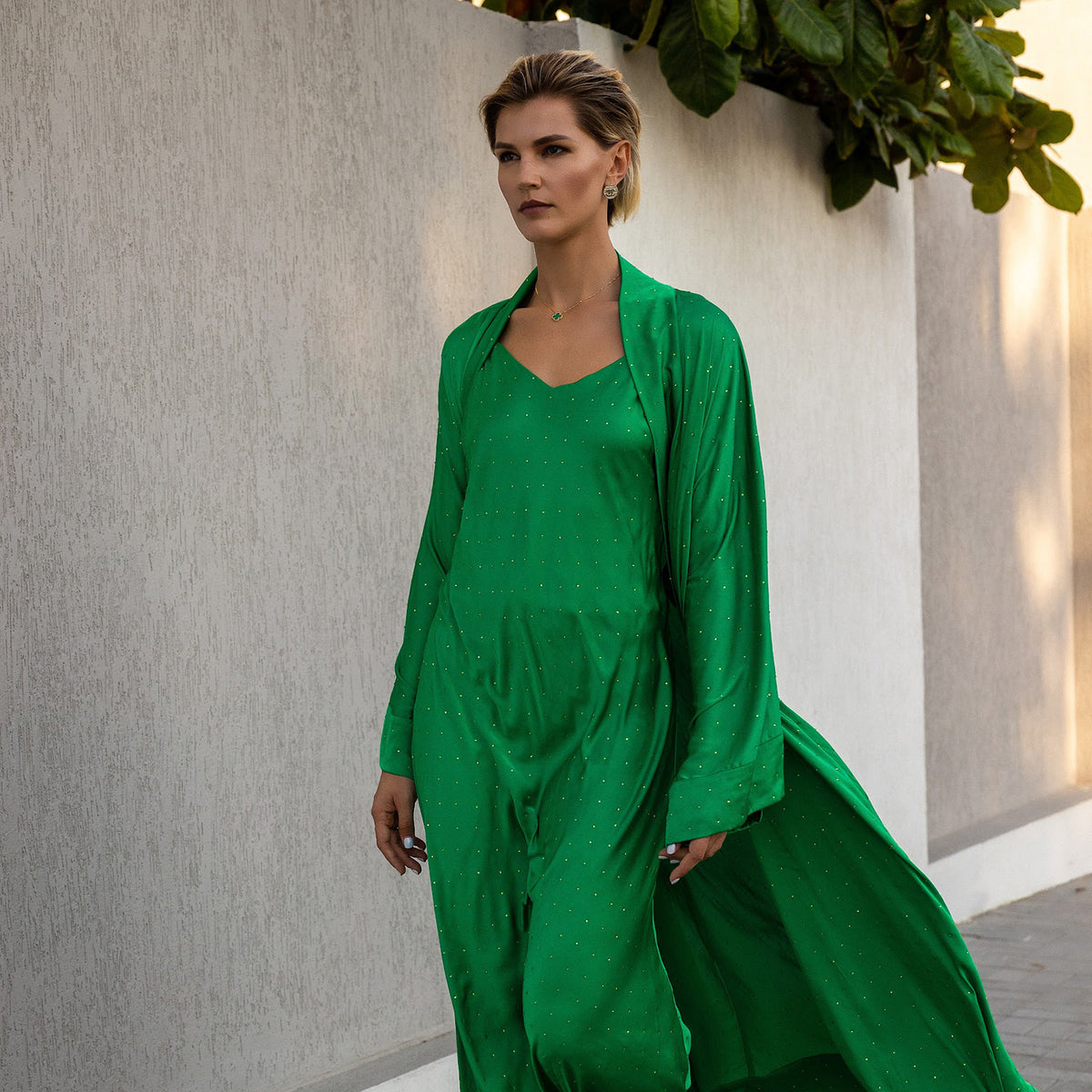 Emerald Rhinestones Satin Cami-Slip V-Neck Maxi Dress
