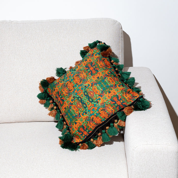 Fringed All Over Snakes And Paisley Print Cushion