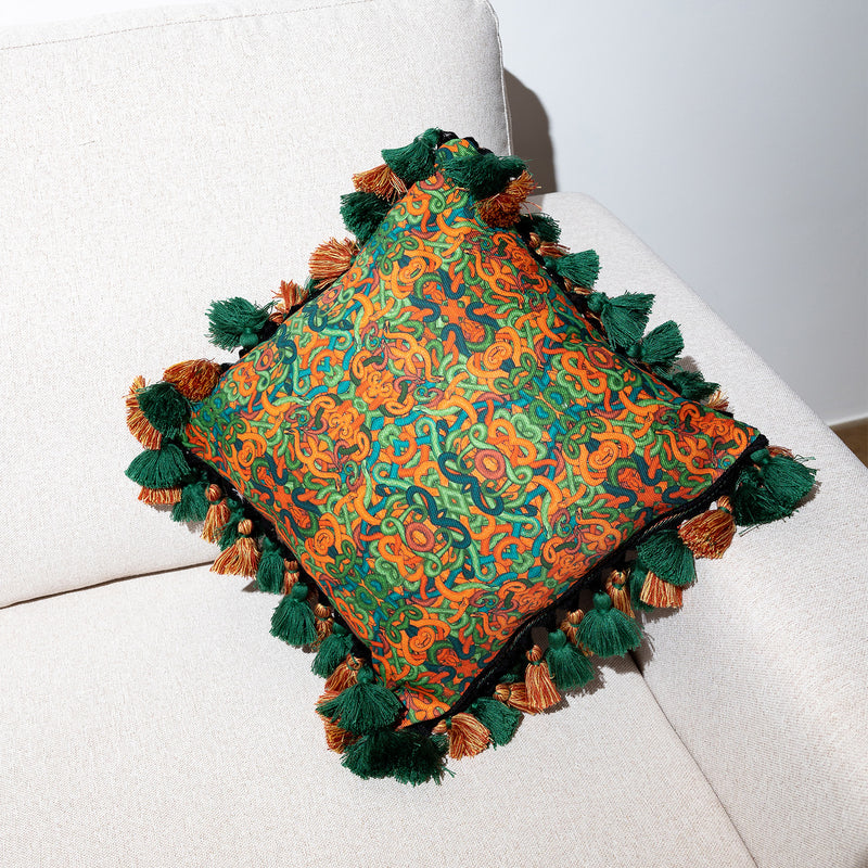Fringed All Over Snakes And Paisley Print Cushion