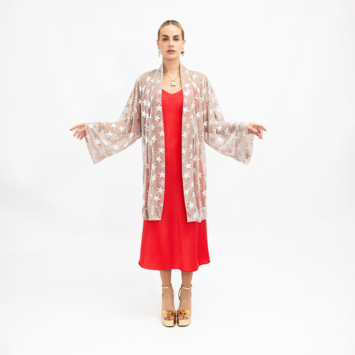 Golden Shimmering Mesh Silver Stars Kimono