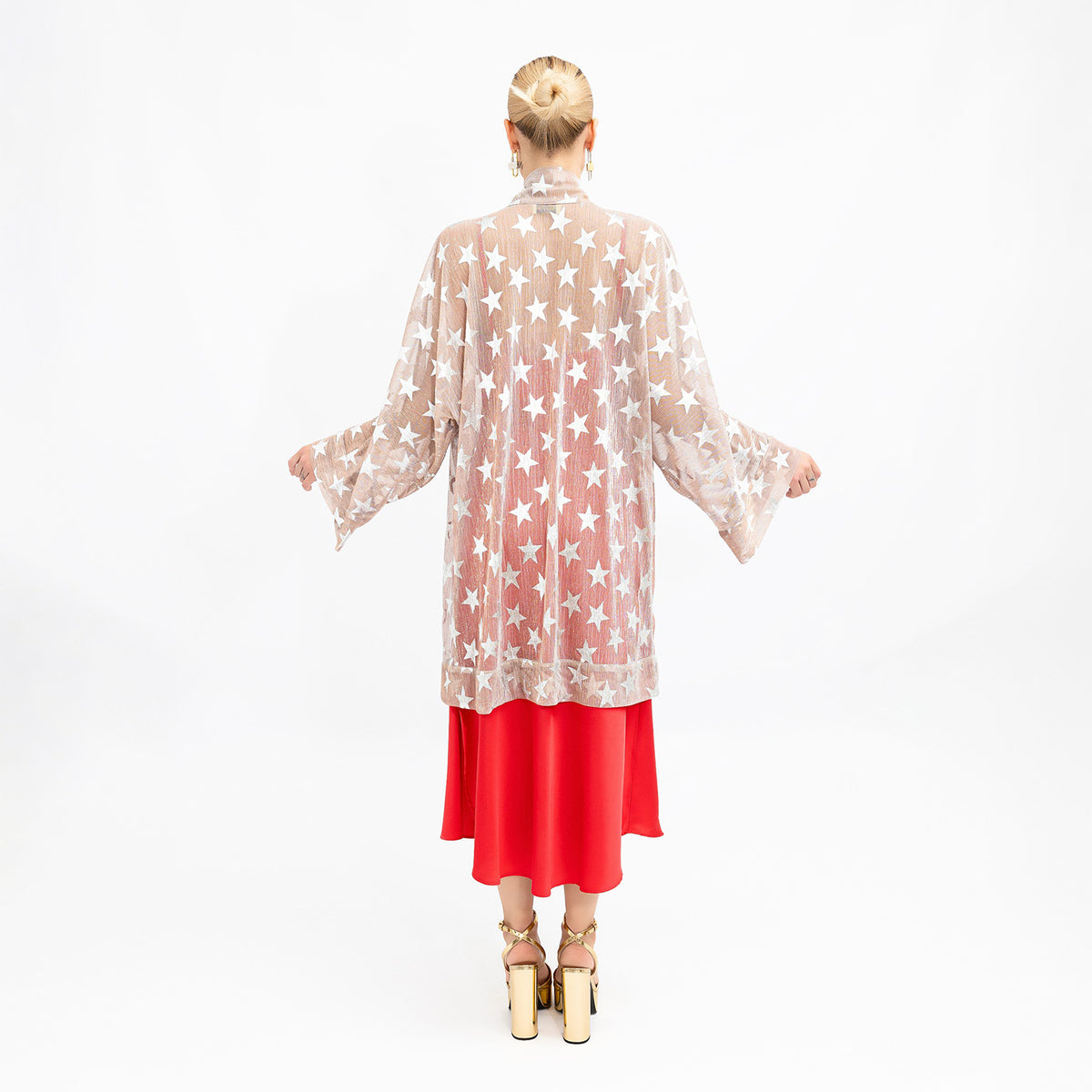 Golden Shimmering Mesh Silver Stars Kimono