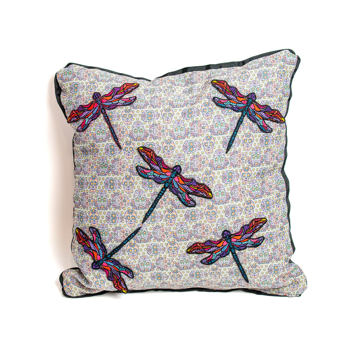 Jacquard Decorative Cushion With Sculls Print And Dragonfly Embroidery