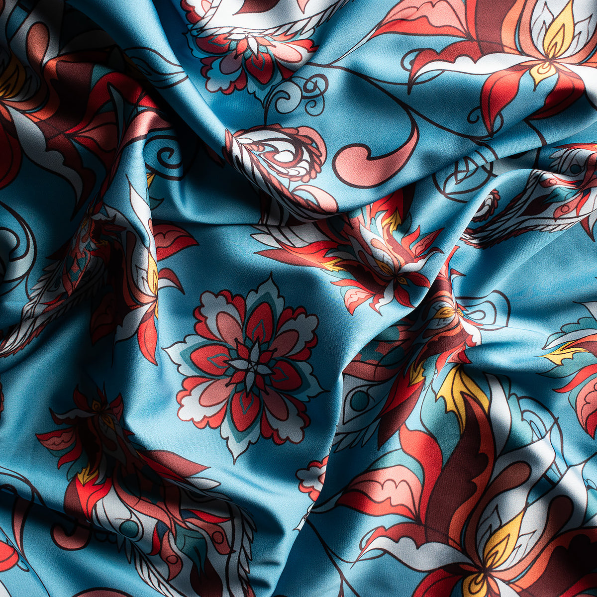 Blue Floral Paisley Print Satin Long Sleeve Short Robe