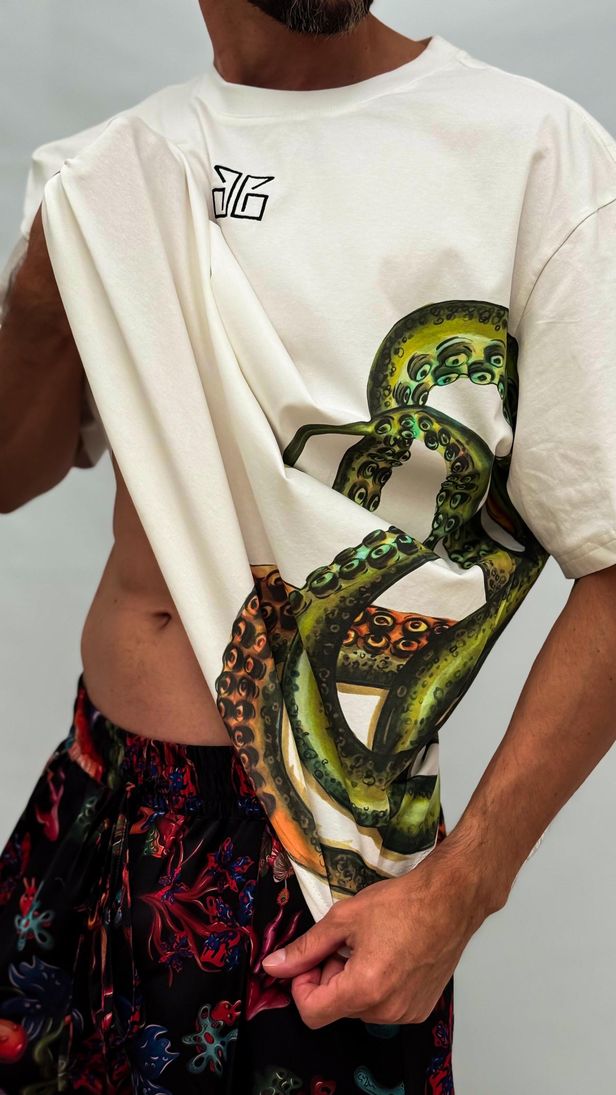 Octopus Print Oversized Unisex Off White T-shirt