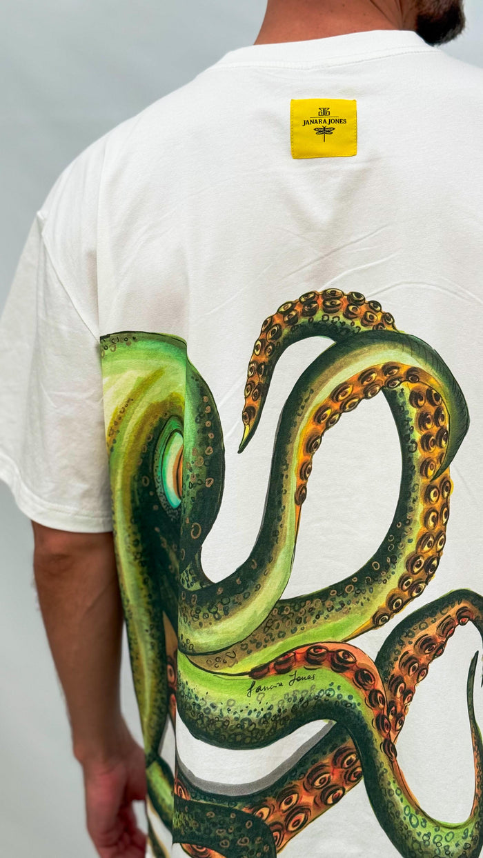 Octopus Print Oversized Unisex Off White T-shirt