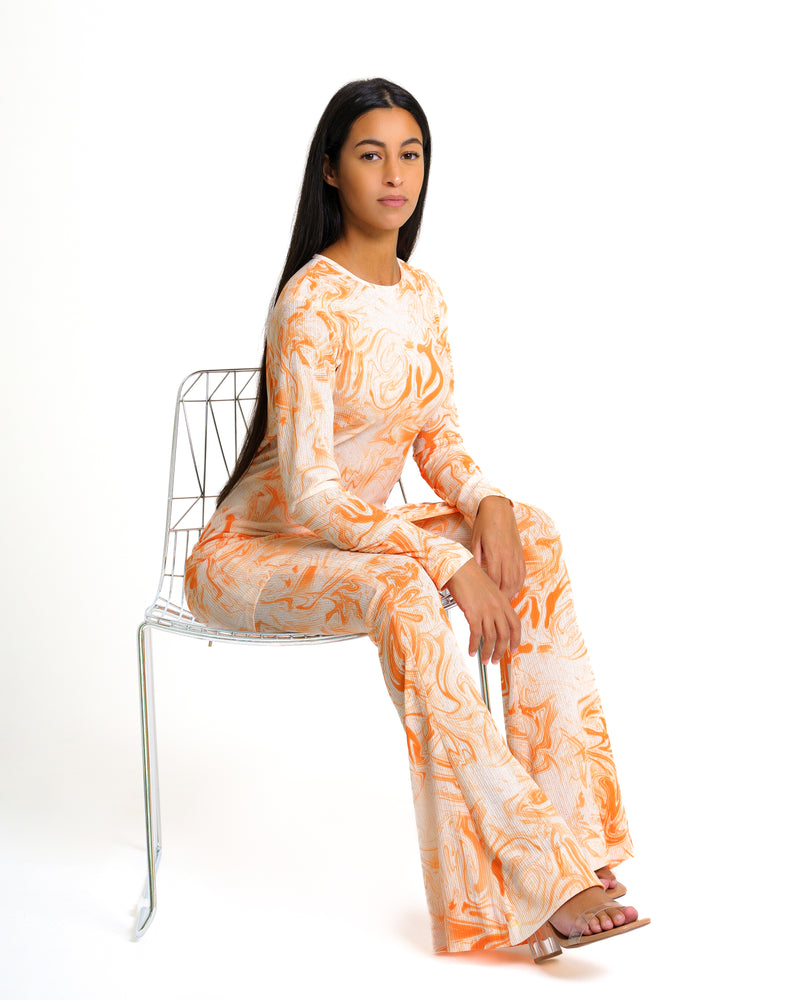 Orange Tie Dye Synthetic Long-Sleeve Asymmetric Bodycon Ribbed Mini Dress