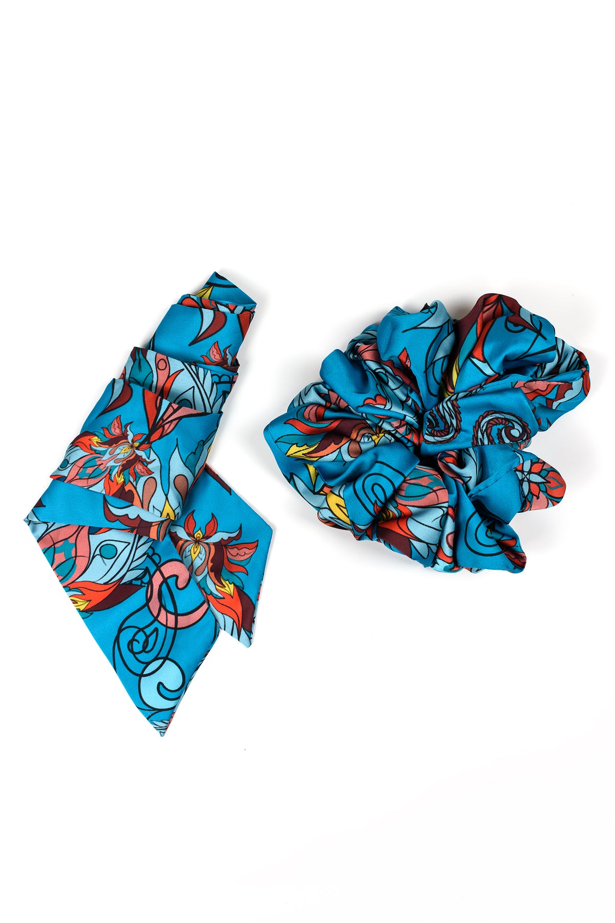 Blue Floral Paisley Satin Twilly Scrunchie Set - Main Image
