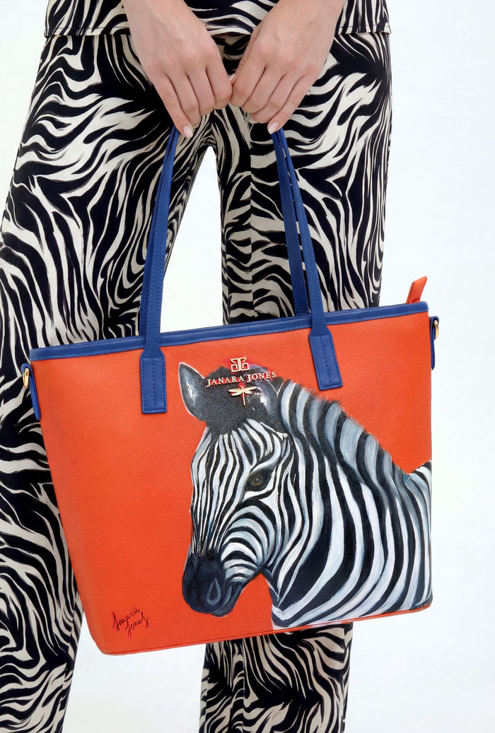 Zeebra Hand Painted Orange Tote Bag