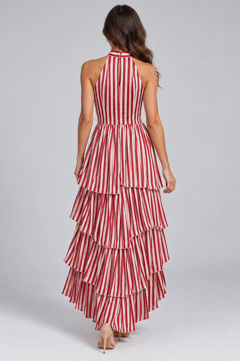 Red & Ivory Striped Tiered Maxi Dress