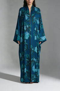 Blue Floral Bomb Satin Abaya Kaftan