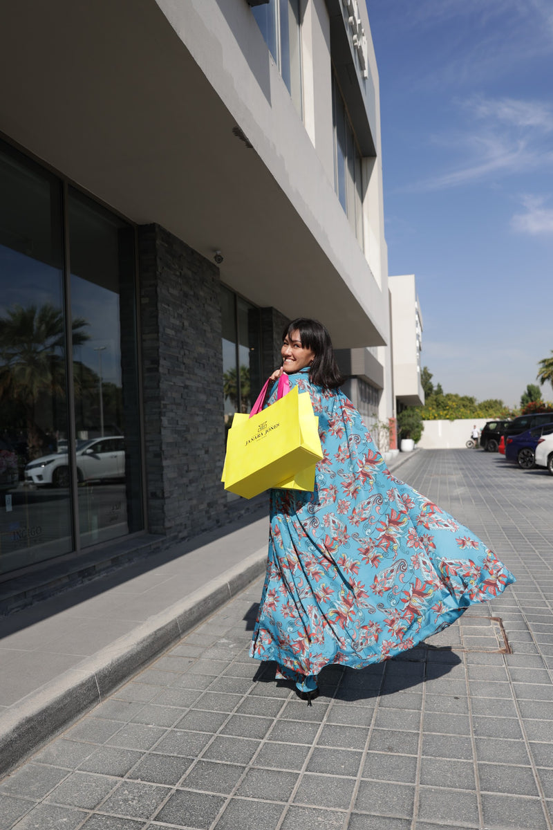 Blue Floral Paisley Satin Abaya Kaftan