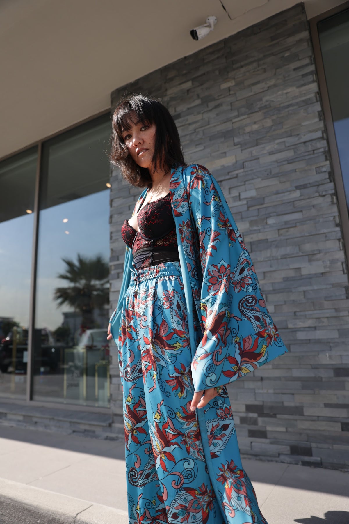 Blue Floral Paisley Satin Abaya Kaftan