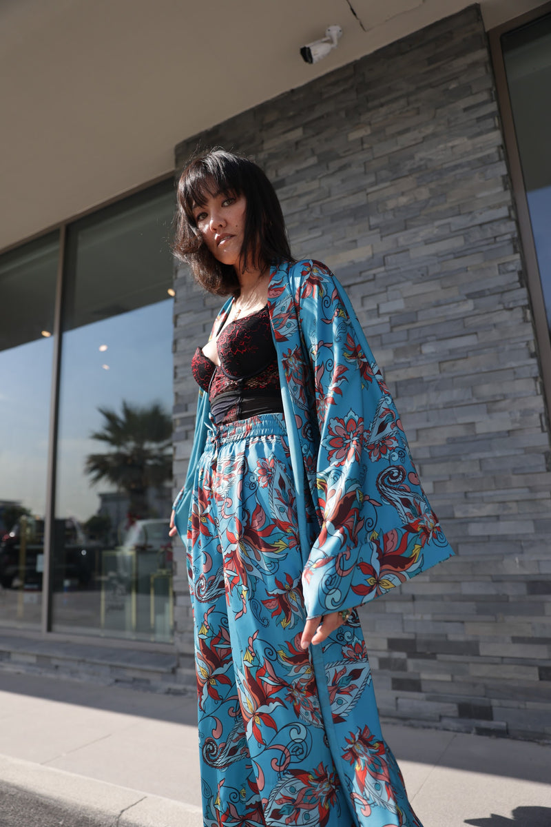 Blue Floral Paisley Satin Abaya Kaftan