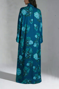 Blue Floral Bomb Satin Abaya Kaftan