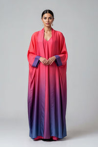 Coral and purple ombre satin abaya kaftan with wide contrast cuffs and an open front design
