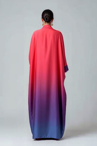 Coral and purple ombre satin abaya kaftan with wide contrast cuffs and an open front design